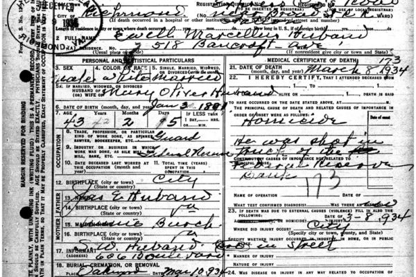 Death Certificate of Ewell Huband