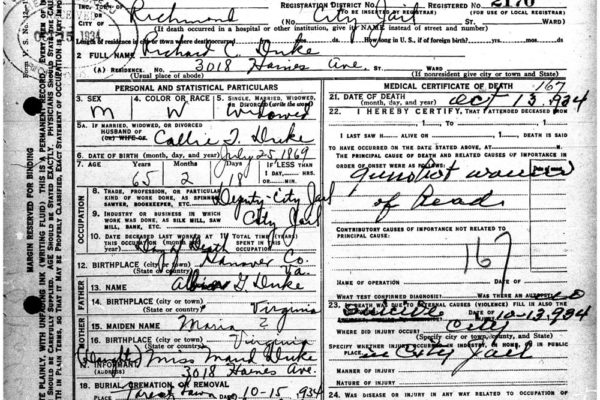 Death Certificate of Richard Duke