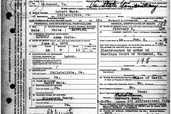 Death Certificate of Robert Mais
