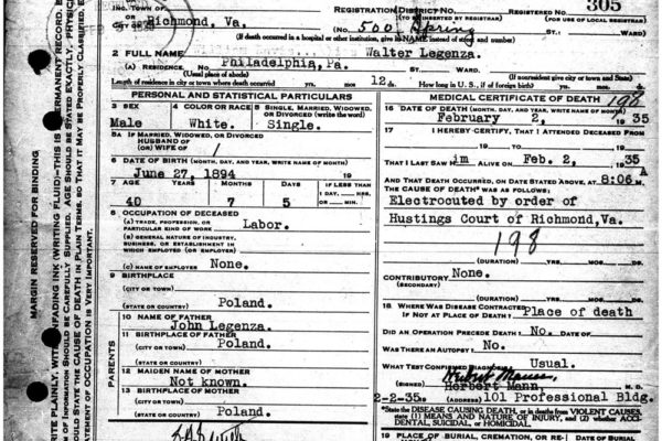 Death Certificate of Walter Legenza