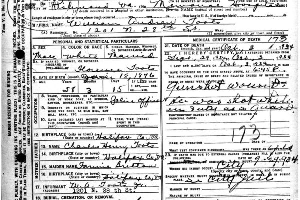 Death Certificate of William Toot