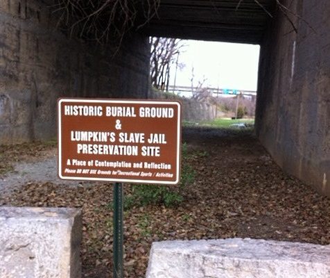 The underpass, beneath Richmond Broad Street, leading to the historic slave burial ground, a few hundred feet north of where Lumpkin's Jail originally stood. Some of the stones used to build the tunnel were taken from the gallows that was once there.