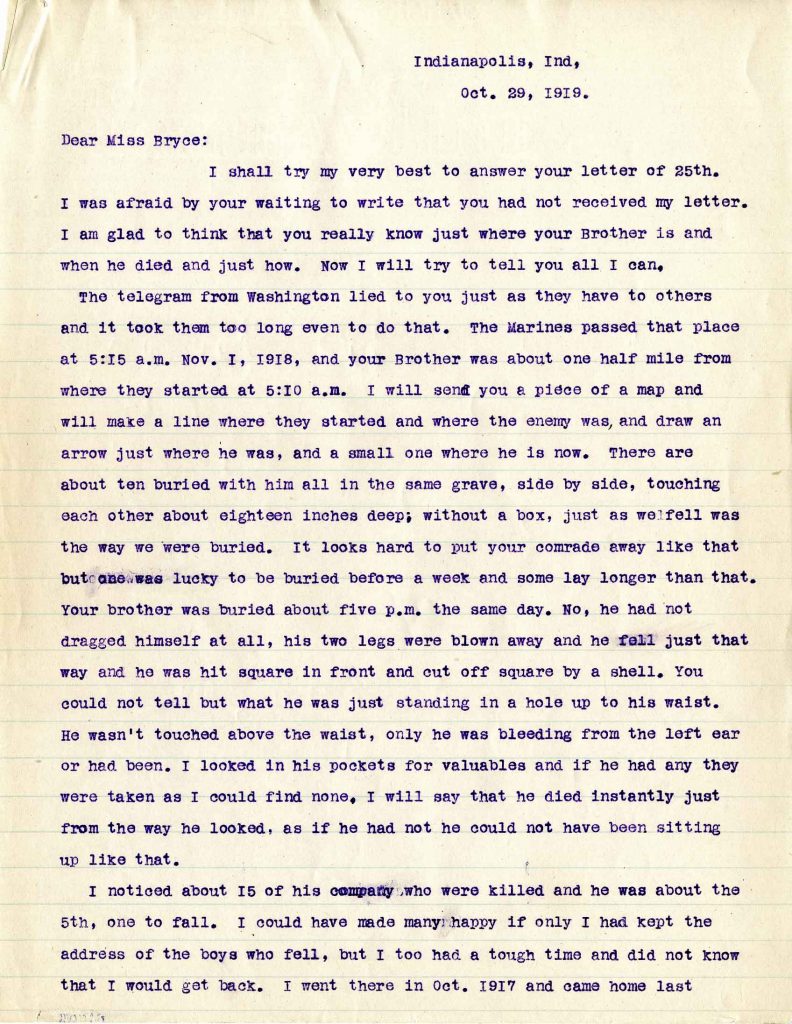Letter from A.E. Carnes, dated 29 October 1919, to Jeannette Bryce, Bryce Questionnaire, page one of two.