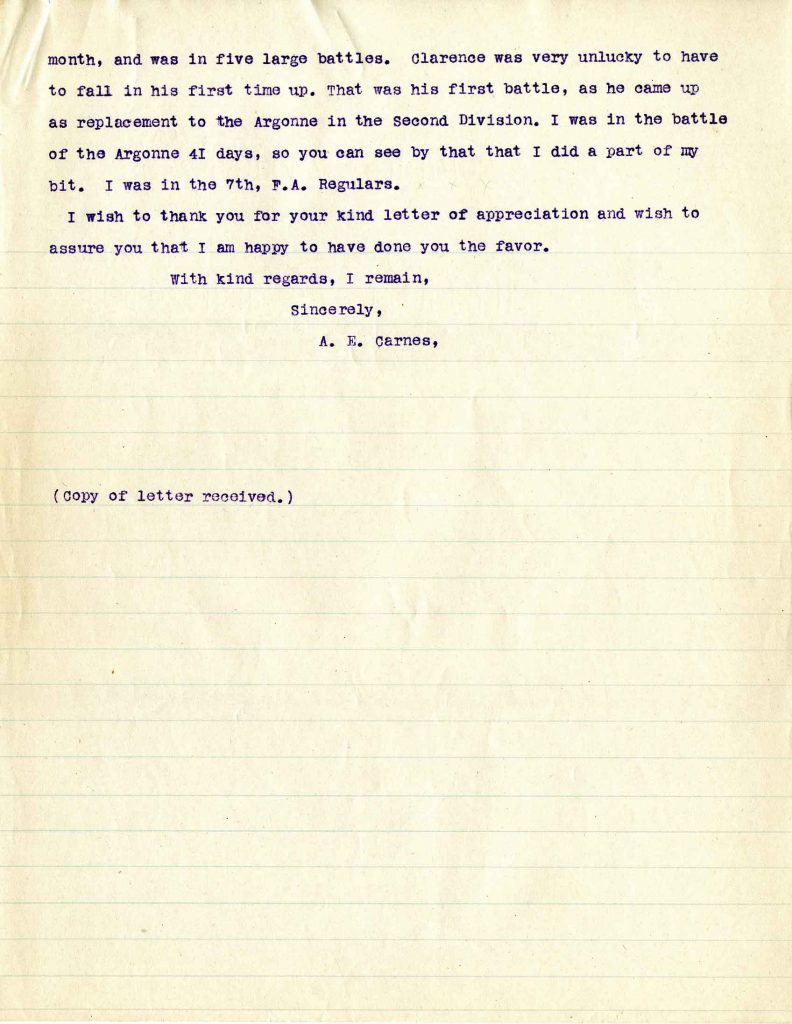 Letter from A.E. Carnes, dated 29 October 1919, to Jeannette Bryce, Bryce Questionnaire, page two of two.
