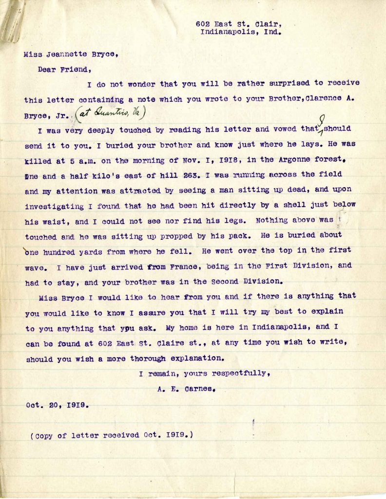 Letter from A. E. Carnes, dated 20 October 1919, to Jeannette Bryce