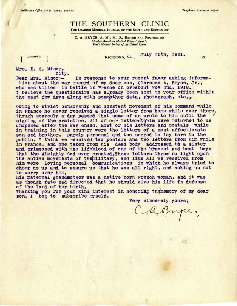 Letter from Dr. C. A. Bryce, dated 15 July 1921, to Mrs. E. C. Minor