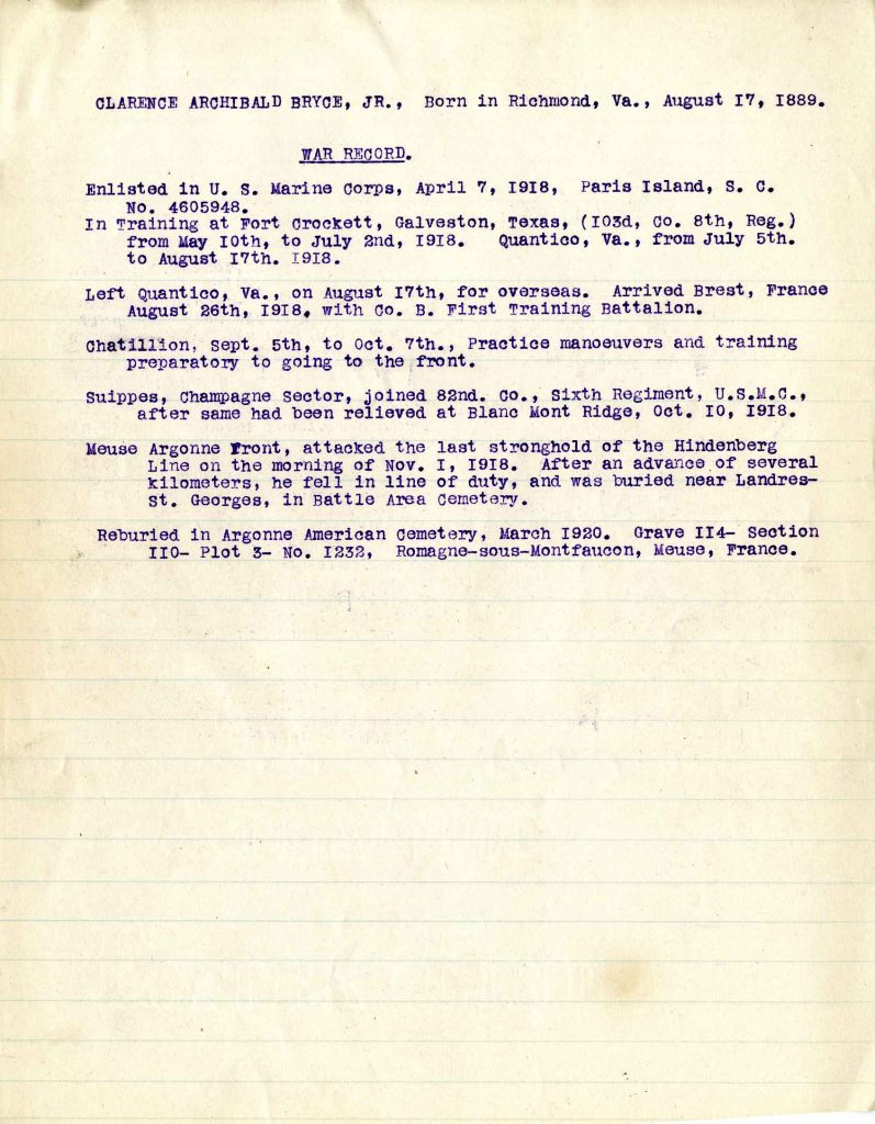 War Record of Clarence Archibald Bryce, Jr.