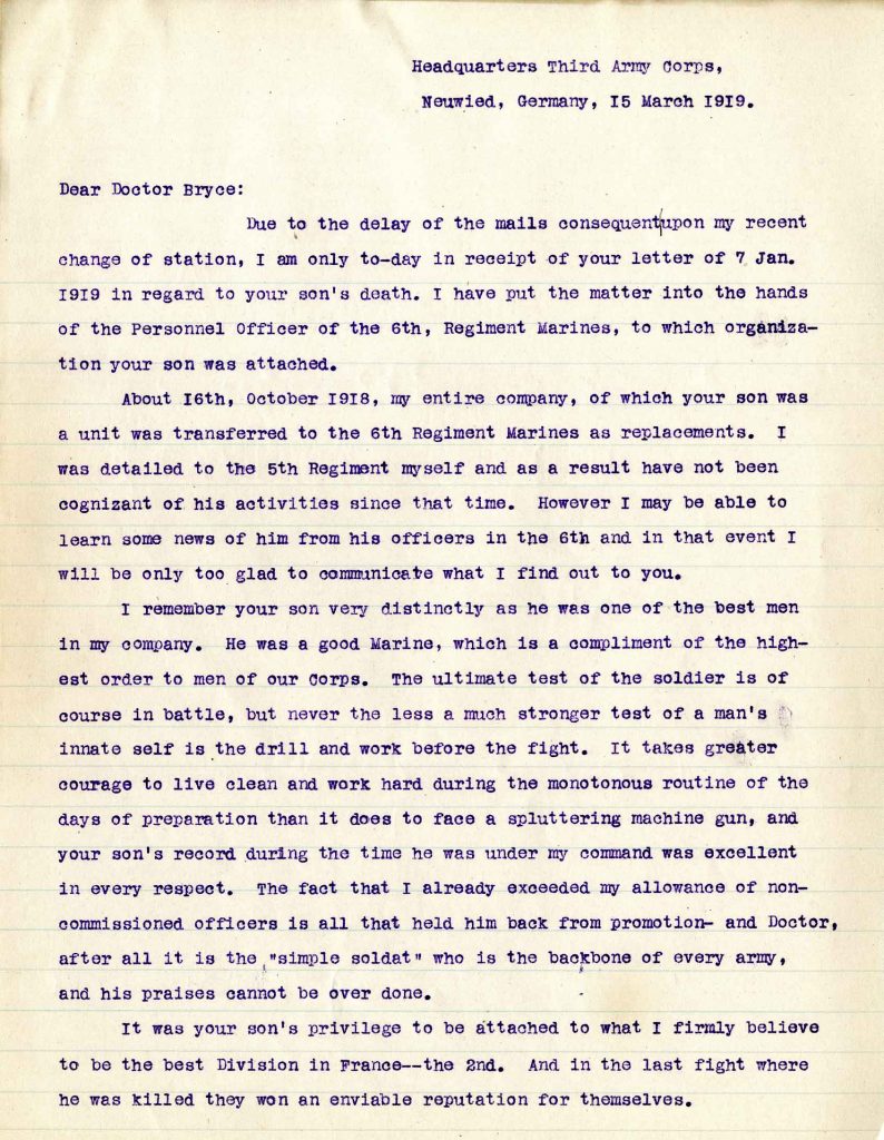 Letter from 1st Lt. Robert K. Ryland, dated 15 March 1919, to Dr. Clarence A. Bryce, Page 1