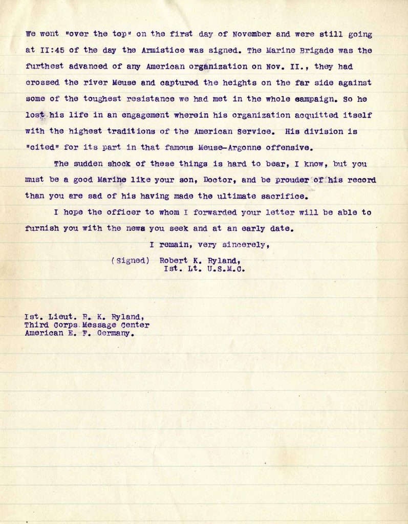 Letter from 1st Lt. Robert K. Ryland, dated 15 March 1919, to Dr. Clarence A. Bryce, Page 2