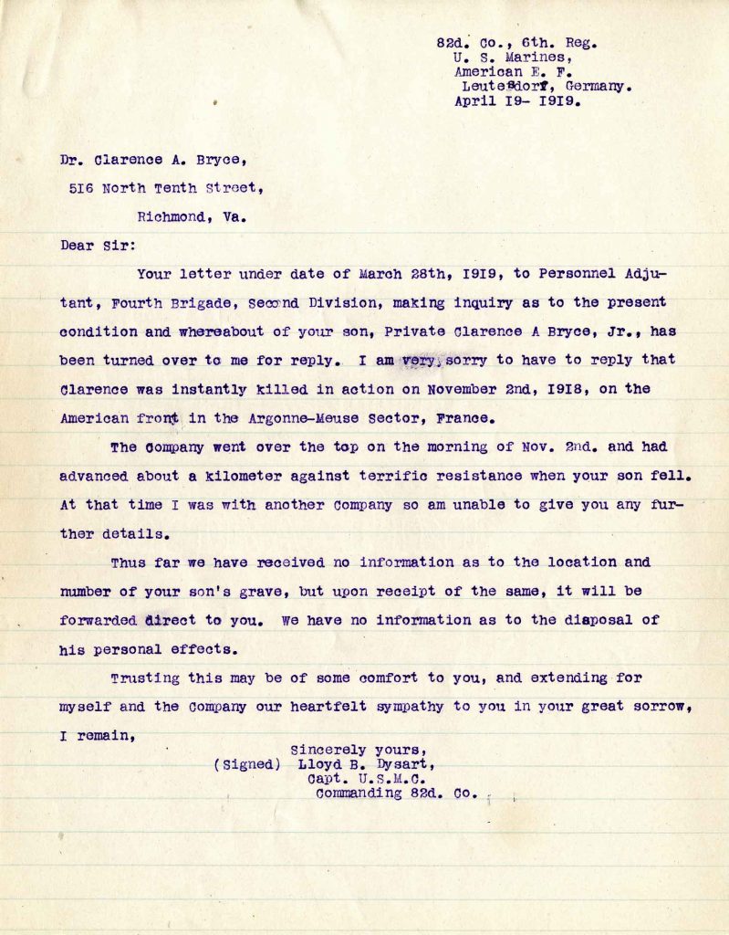 Letter from Capt. Lloyd B. Dysart, dated 19 April 1919, to Dr. Clarence A. Bryce,
