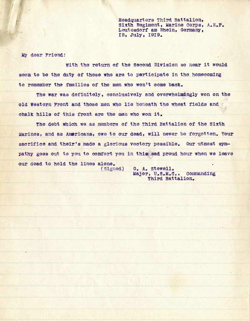 Letter from Major G. A. Stowell, dated 12 July 1919
