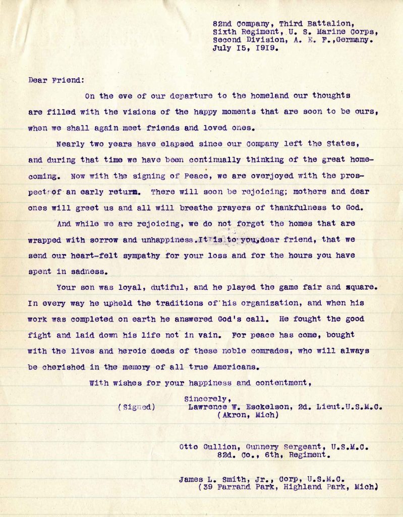 Letter from 2nd Lt. Lawrence W. Eskelson, et. al., dated 15 July 1919