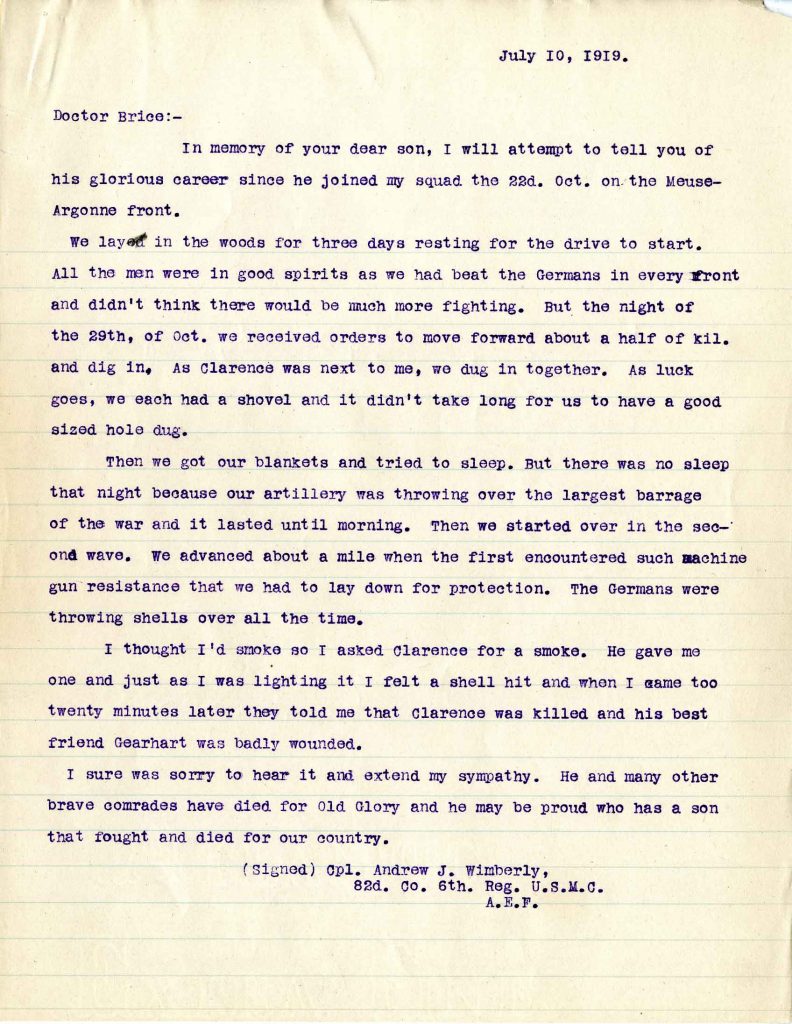Letter from Corporal Andrew J. Wimberly, dated 10 July 1919, to Dr. Clarence A. Bryce
