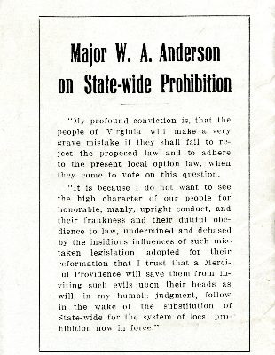 Major W. A. Anderson on State-wide Prohibition, Governor Westmoreland Davis Executive Papers, 1914