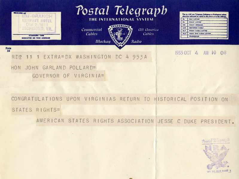 Telegram, Governor John Garland Pollard Executive Papers, 1931