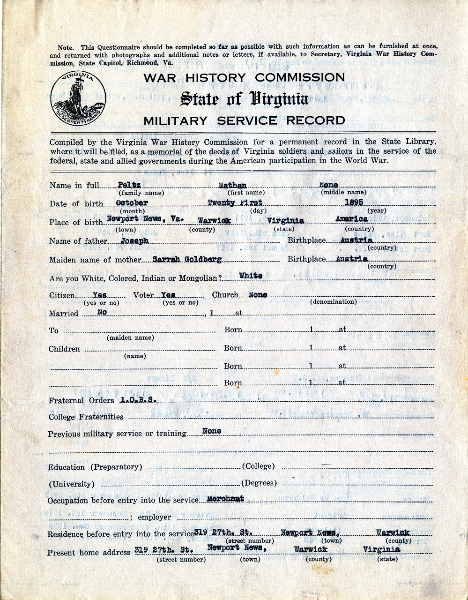Page 1, Questionnaire of Nathan Peltz, Virginia War History Commission.