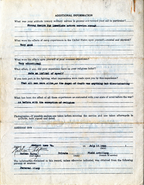 Page 2, Questionnaire of Nathan Peltz, Virginia War History Commission.