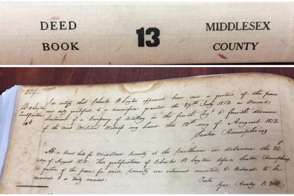 It’s not unusual to find militia commissions recorded in deed books, such as that shown in an August 24, 1812 entry in Middlesex County Deed Book 13, 1810-1817.