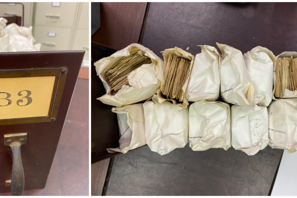 Tightly packed drawer B3 contains Charlotte County marriage licenses and bonds for the years 1801-1820.