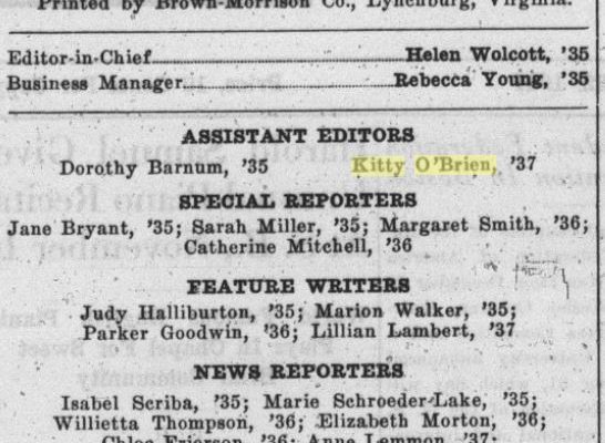 Kitty O'Brien Sweet Briar News Nov. 22, 1934