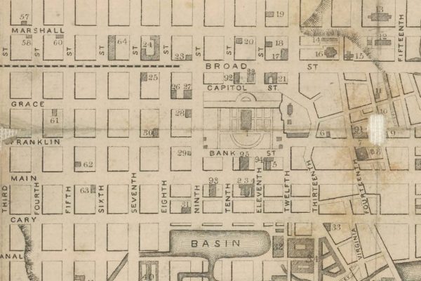The cropped image represents the modern day “downtown” Richmond from an 1856 map. Number 20=Richmond Athenaeum; Number 22= City Hall. Enslaved people were not allowed to travel in these areas unless accompanying a white person.